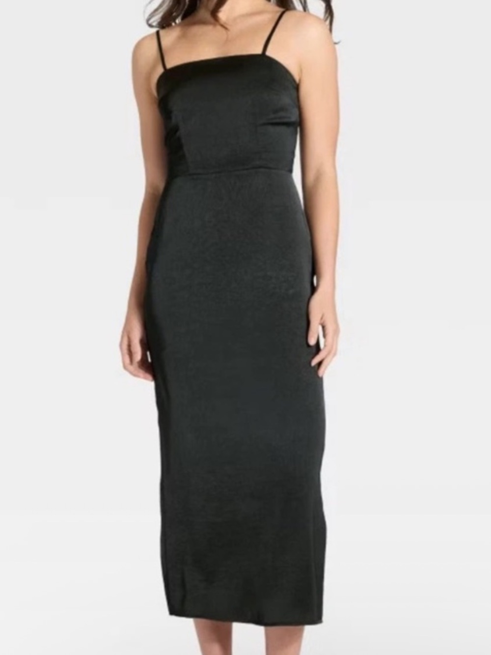 Sexy Satin Black Spaghetti-Strap Slip Midi Dress